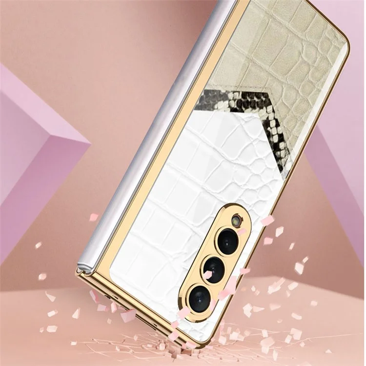 GKK Para Samsung Galaxy Z Fold4 5G Patrón Electrochado Impresión Case de Teléfono de Vidrio Templado PC Dura Tapa de Plegamiento Anti-stratch Plegable - Textura de Cuero de Contraste 06