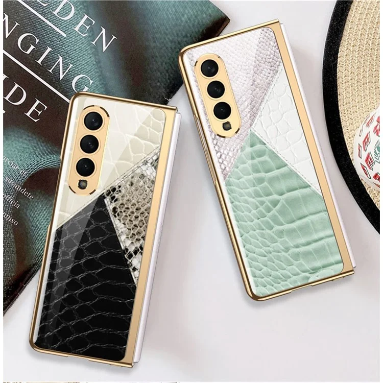GKK Para Samsung Galaxy Z Fold4 5G Patrón Electrochado Impresión Case de Teléfono de Vidrio Templado PC Dura Tapa de Plegamiento Anti-stratch Plegable - Textura de Cuero de Contraste 06