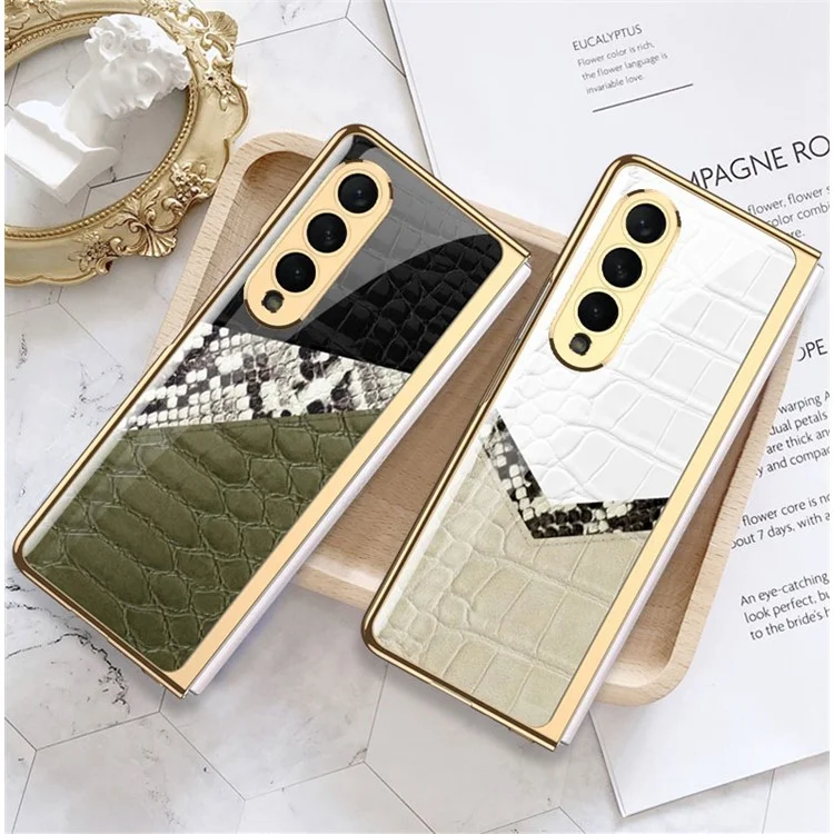 GKK Para Samsung Galaxy Z Fold4 5G Patrón Electrochado Impresión Case de Teléfono de Vidrio Templado PC Dura Tapa de Plegamiento Anti-stratch Plegable - Textura de Cuero de Contraste 06