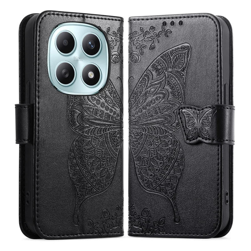Phone Case with Strap for Xiaomi Poco M8 5G  /  Redmi Note 15 5G (Global)  /  Note 15 4G (Global) Butterfly Pattern PU Leather Wallet Phone Cover - Black