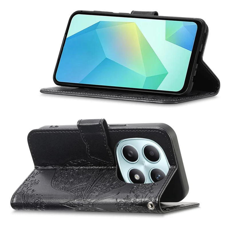 Phone Case with Strap for Xiaomi Poco M8 5G  /  Redmi Note 15 5G (Global)  /  Note 15 4G (Global) Butterfly Pattern PU Leather Wallet Phone Cover - Black