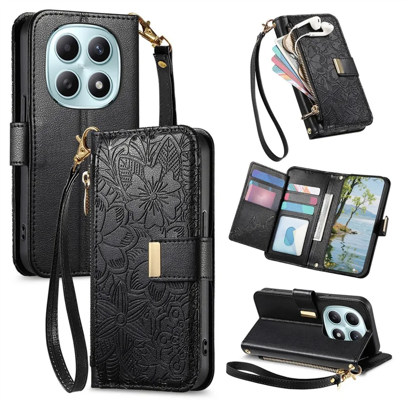 For Xiaomi Poco M8 5G  /  Redmi Note 15 5G (Global)  /  Note 15 4G (Global) Case Floral Leaf Pattern Multi Card Slots Zipper Leather Phone Cover with Wrist Strap - Black