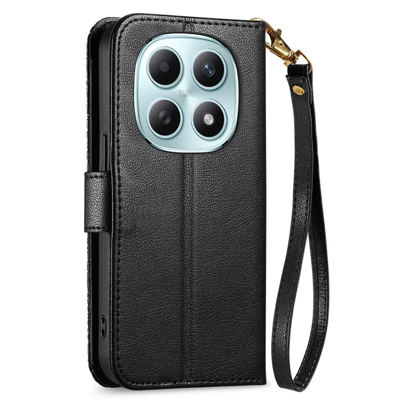 For Xiaomi Poco M8 5G  /  Redmi Note 15 5G (Global)  /  Note 15 4G (Global) Case Floral Leaf Pattern Multi Card Slots Zipper Leather Phone Cover with Wrist Strap - Black