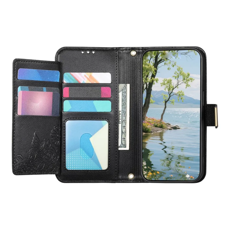 For Xiaomi Poco M8 5G  /  Redmi Note 15 5G (Global)  /  Note 15 4G (Global) Case Floral Leaf Pattern Multi Card Slots Zipper Leather Phone Cover with Wrist Strap - Black
