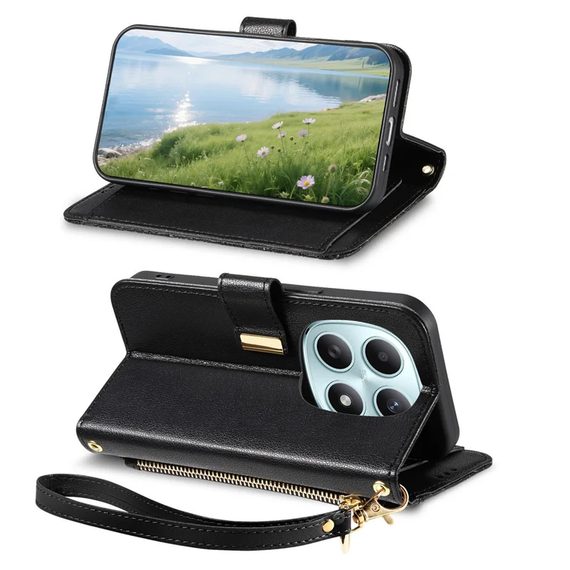 For Xiaomi Poco M8 5G  /  Redmi Note 15 5G (Global)  /  Note 15 4G (Global) Case Floral Leaf Pattern Multi Card Slots Zipper Leather Phone Cover with Wrist Strap - Black