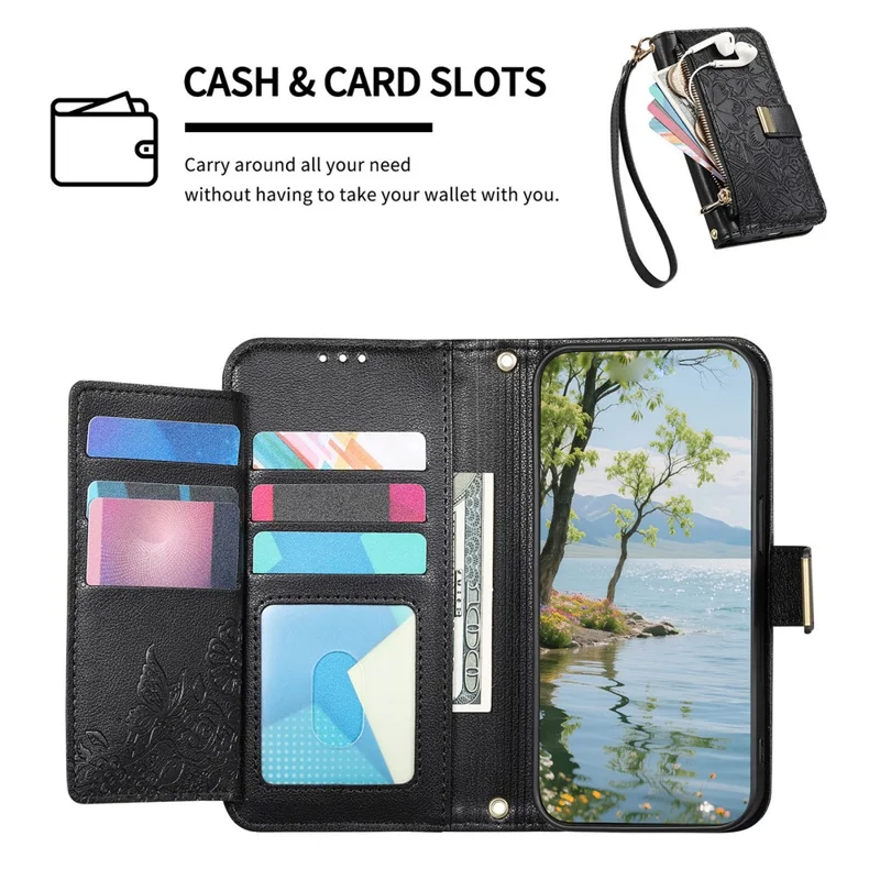 For Xiaomi Poco M8 5G  /  Redmi Note 15 5G (Global)  /  Note 15 4G (Global) Case Floral Leaf Pattern Multi Card Slots Zipper Leather Phone Cover with Wrist Strap - Black