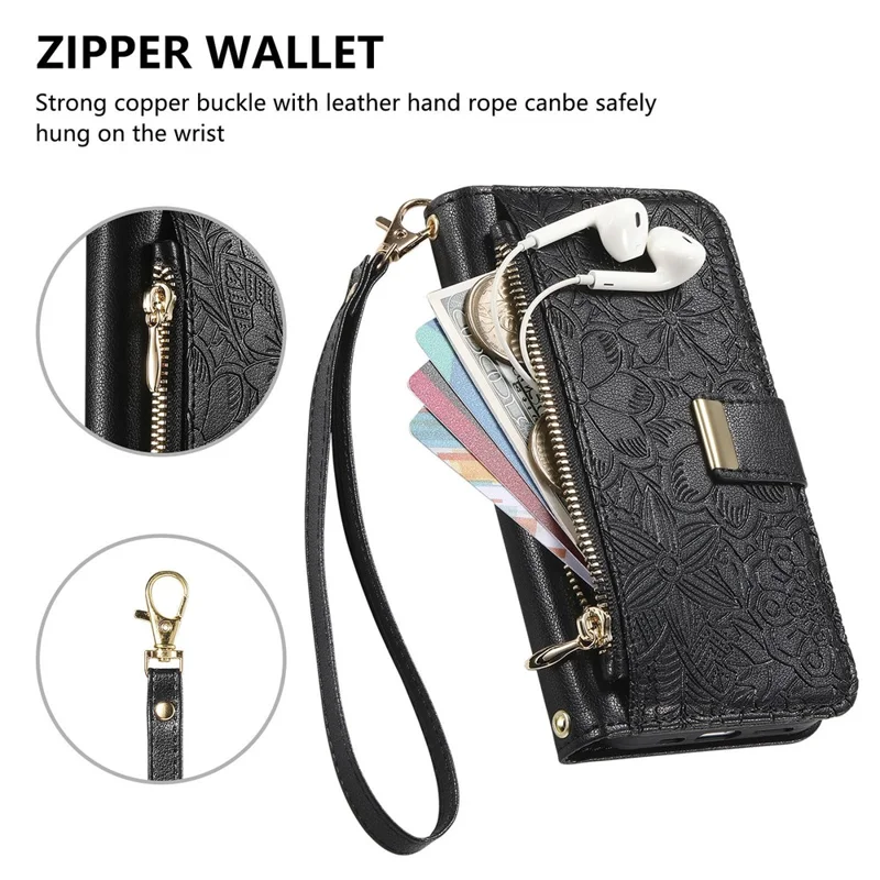 For Xiaomi Poco M8 5G  /  Redmi Note 15 5G (Global)  /  Note 15 4G (Global) Case Floral Leaf Pattern Multi Card Slots Zipper Leather Phone Cover with Wrist Strap - Black