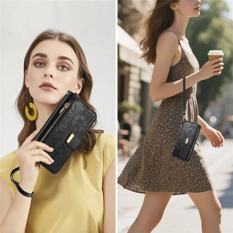 For Xiaomi Poco M8 5G  /  Redmi Note 15 5G (Global)  /  Note 15 4G (Global) Case Floral Leaf Pattern Multi Card Slots Zipper Leather Phone Cover with Wrist Strap - Black