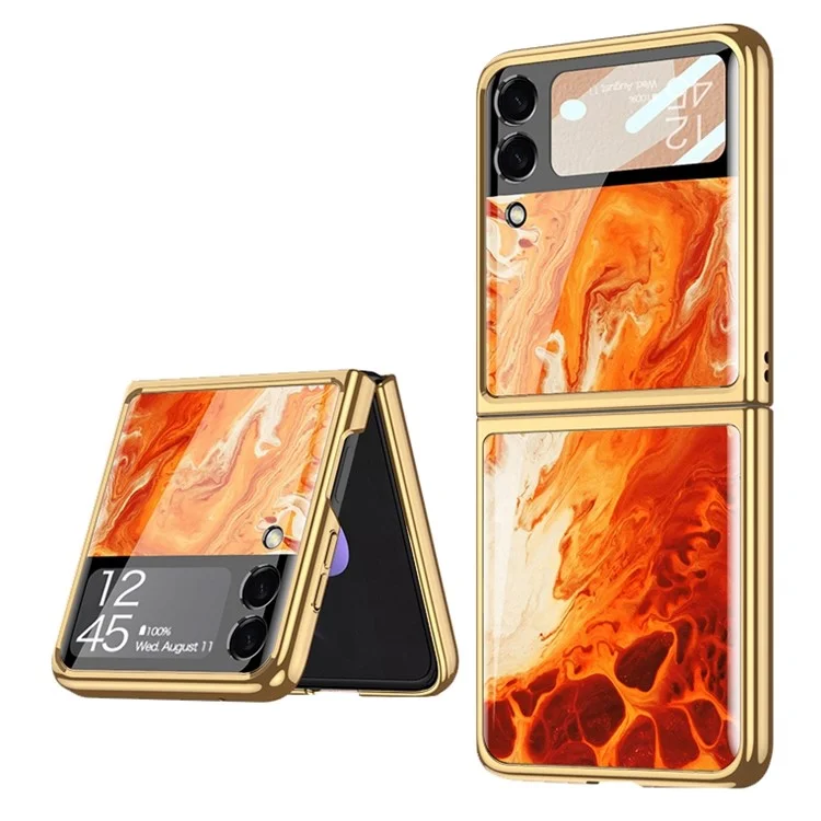 GKK Para Samsung Galaxy Z Flip4 5G Patrón Impresión Case de Espalda Electrochada Anti-Scratch Vidrio Templado PC Duro Plegado Teléfono Con Una Pequeña Película de Pantalla de Vidrio Templado - Ágata Roja