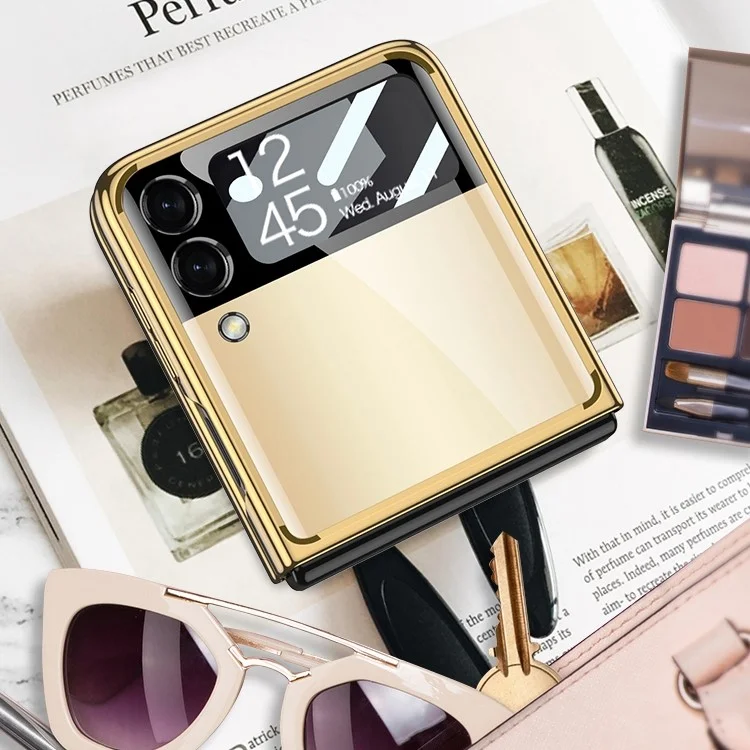 GKK Para Samsung Galaxy Z Flip4 5G Patrón Impresión Case de Espalda Electrochada Anti-Scratch Vidrio Templado PC Duro Plegado Teléfono Con Una Pequeña Película de Pantalla de Vidrio Templado - Ágata Roja