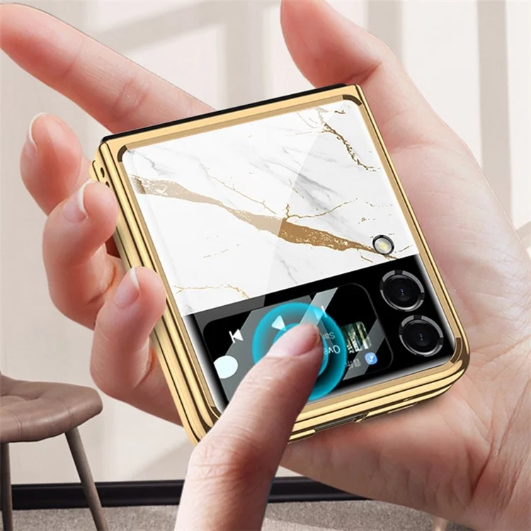 GKK Para Samsung Galaxy Z Flip4 5G Patrón Impresión Case de Espalda Electrochada Anti-Scratch Vidrio Templado PC Duro Plegado Teléfono Con Una Pequeña Película de Pantalla de Vidrio Templado - Ágata Roja