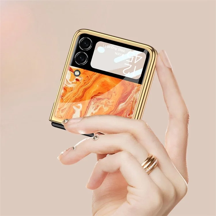 GKK Para Samsung Galaxy Z Flip4 5G Patrón Impresión Case de Espalda Electrochada Anti-Scratch Vidrio Templado PC Duro Plegado Teléfono Con Una Pequeña Película de Pantalla de Vidrio Templado - Ágata Roja
