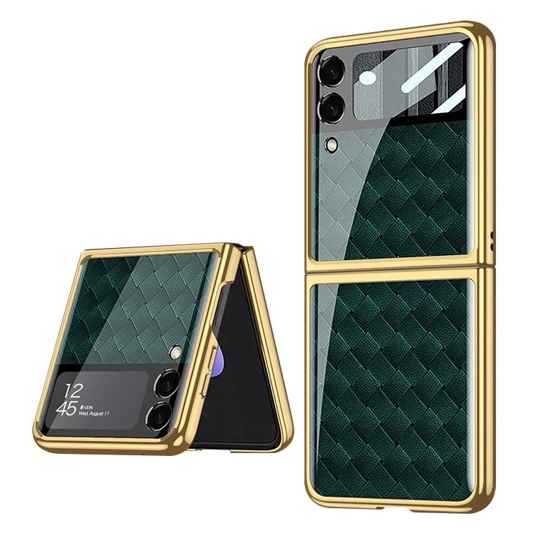 GKK Para Samsung Galaxy Z Flip4 5G Patrón Impresión Case de Espalda Electrochada Vidrio Templado a Prueba de Otoño+pc PC Plote Cubierta Con Pieza de Para Vidla Pequeña - Verde / Patrón Tejido