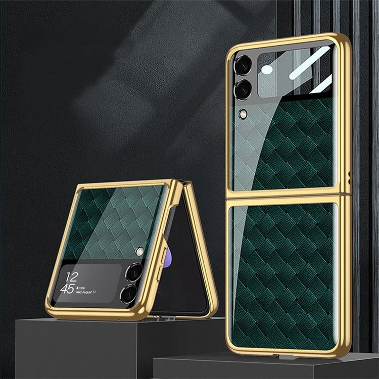 GKK Para Samsung Galaxy Z Flip4 5G Patrón Impresión Case de Espalda Electrochada Vidrio Templado a Prueba de Otoño+pc PC Plote Cubierta Con Pieza de Para Vidla Pequeña - Verde / Patrón Tejido