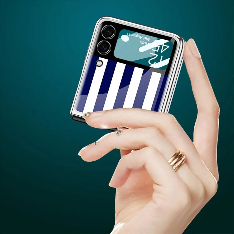 GKK Para Samsung Galaxy Z Flip4 5G Patrón Impresión Case de Espalda Electrochada Vidrio Templado a Prueba de Otoño+pc PC Plote Cubierta Con Pieza de Para Vidla Pequeña - Verde / Patrón Tejido