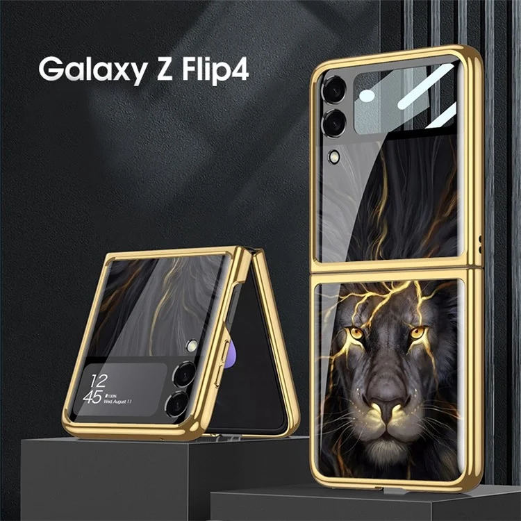 GKK For Samsung Galaxy Z Flip4 5G Pattern Printing Folding Phone Case Tempered Glass + PC Electroplating Anti-drop Cover with Small Screen Tempered Glass Film - Lion