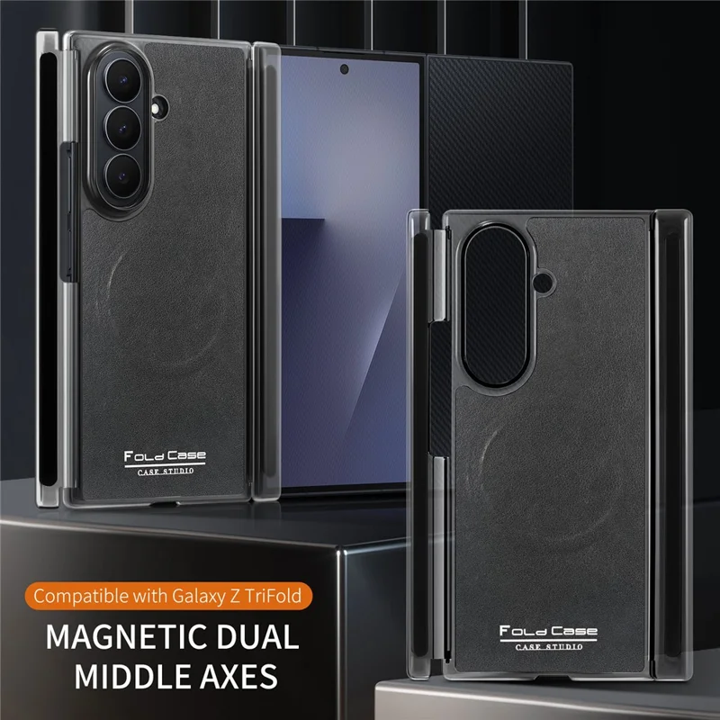 For Samsung Galaxy Z TriFold 5G Magnetic Case Dual Mid-Axis Shockproof PU Leather PC TPU Phone Cover - Black