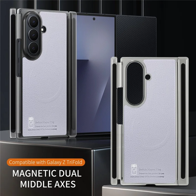 For Samsung Galaxy Z TriFold 5G Magnetic Case PU Leather TPU PC Clear Frame Phone Cover Dual Mid-Axis Design - Light Purple