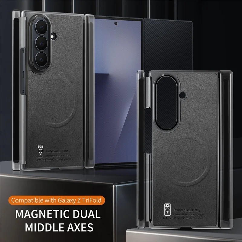 For Samsung Galaxy Z TriFold 5G Magnetic Phone Case Dual-axis Shockproof PU Leather PC TPU Protection Cover - Black