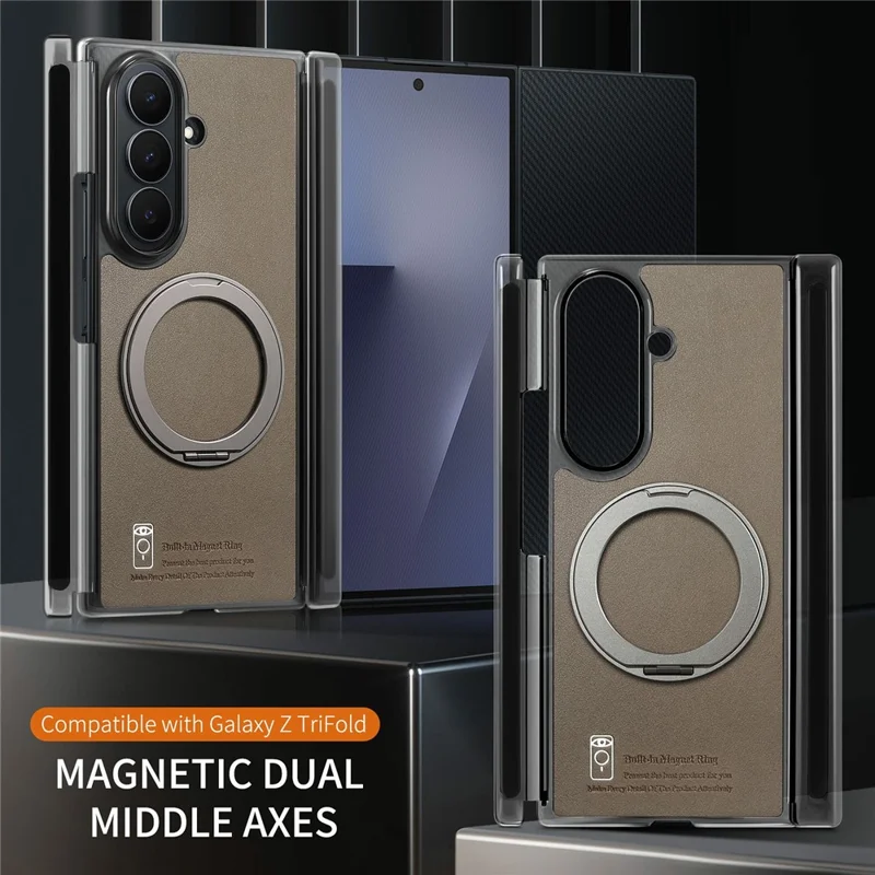 For Samsung Galaxy Z TriFold 5G Magnetic Phone Case with 360 Degree Rotating Ring Holder Dual-Axis Shockproof Protection - Dark Brown