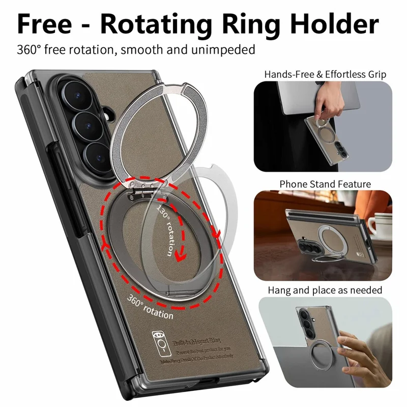 For Samsung Galaxy Z TriFold 5G Magnetic Phone Case with 360 Degree Rotating Ring Holder Dual-Axis Shockproof Protection - Dark Brown