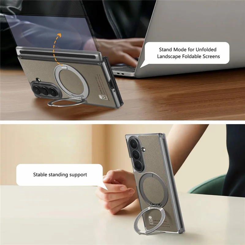 For Samsung Galaxy Z TriFold 5G Magnetic Phone Case with 360 Degree Rotating Ring Holder Dual-Axis Shockproof Protection - Dark Brown