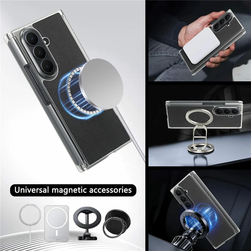 For Samsung Galaxy Z TriFold 5G Magnetic Phone Case Grid Texture PU Leather Cover with Dual Mid Axis Protection - Black
