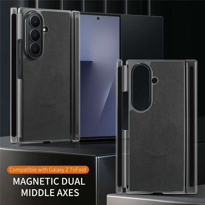 For Samsung Galaxy Z TriFold 5G Magnetic Phone Case Grid Texture PU Leather Cover with Dual Mid Axis Protection - Black