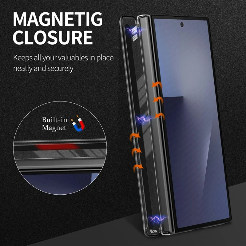 For Samsung Galaxy Z TriFold 5G Magnetic Phone Case Grid Texture PU Leather Cover with Dual Mid Axis Protection - Black