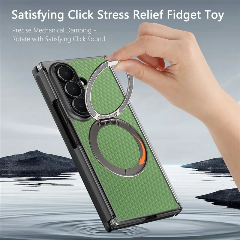 For Samsung Galaxy Z TriFold 5G Magnetic Phone Case Fine Grid Texture Leather Cover with 360 Rotating Ring Holder - Green