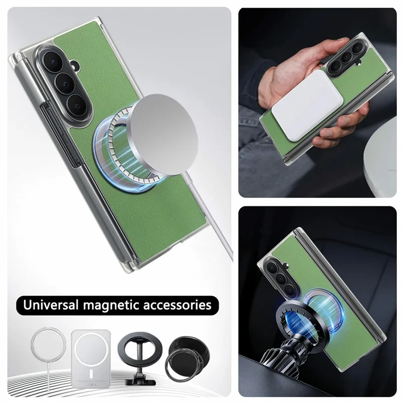 For Samsung Galaxy Z TriFold 5G Magnetic Phone Case Fine Grid Texture Leather Cover with 360 Rotating Ring Holder - Green