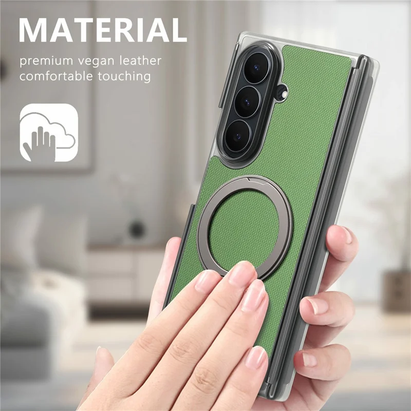 For Samsung Galaxy Z TriFold 5G Magnetic Phone Case Fine Grid Texture Leather Cover with 360 Rotating Ring Holder - Green