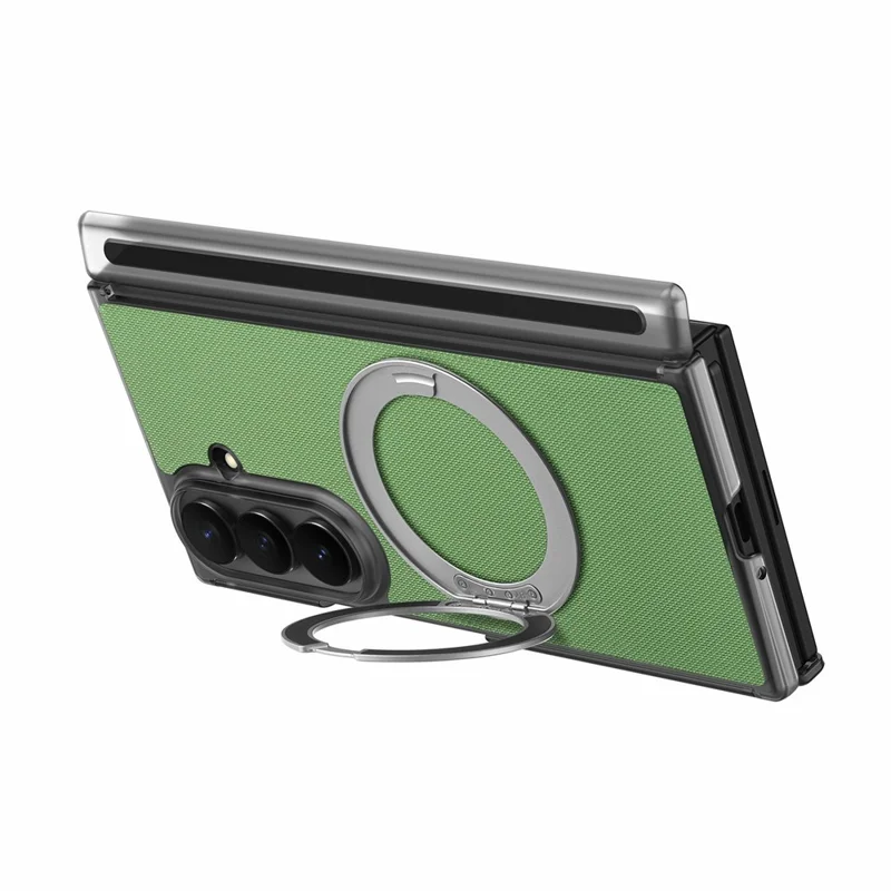For Samsung Galaxy Z TriFold 5G Magnetic Phone Case Fine Grid Texture Leather Cover with 360 Rotating Ring Holder - Green