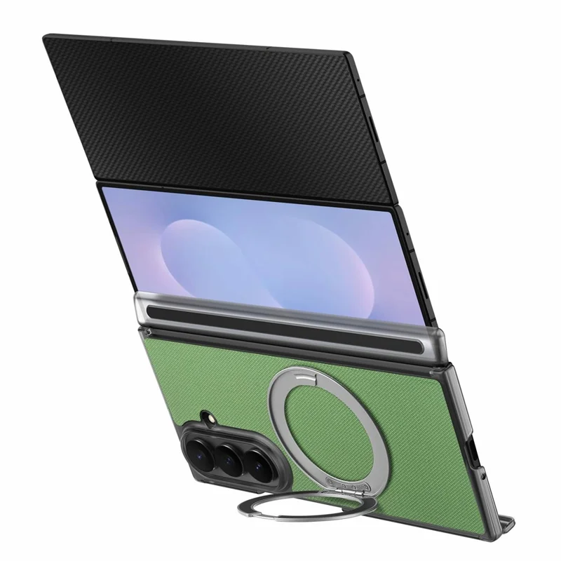 For Samsung Galaxy Z TriFold 5G Magnetic Phone Case Fine Grid Texture Leather Cover with 360 Rotating Ring Holder - Green