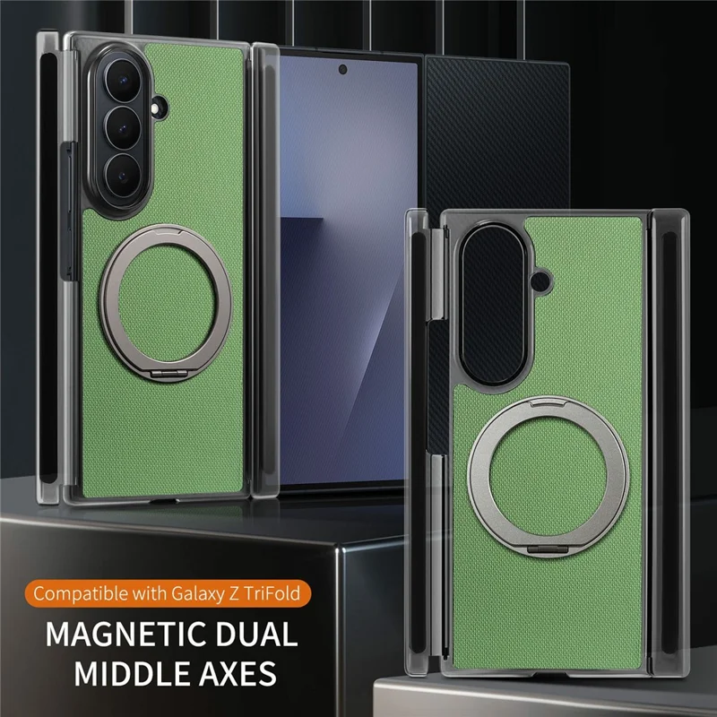 For Samsung Galaxy Z TriFold 5G Magnetic Phone Case Fine Grid Texture Leather Cover with 360 Rotating Ring Holder - Green