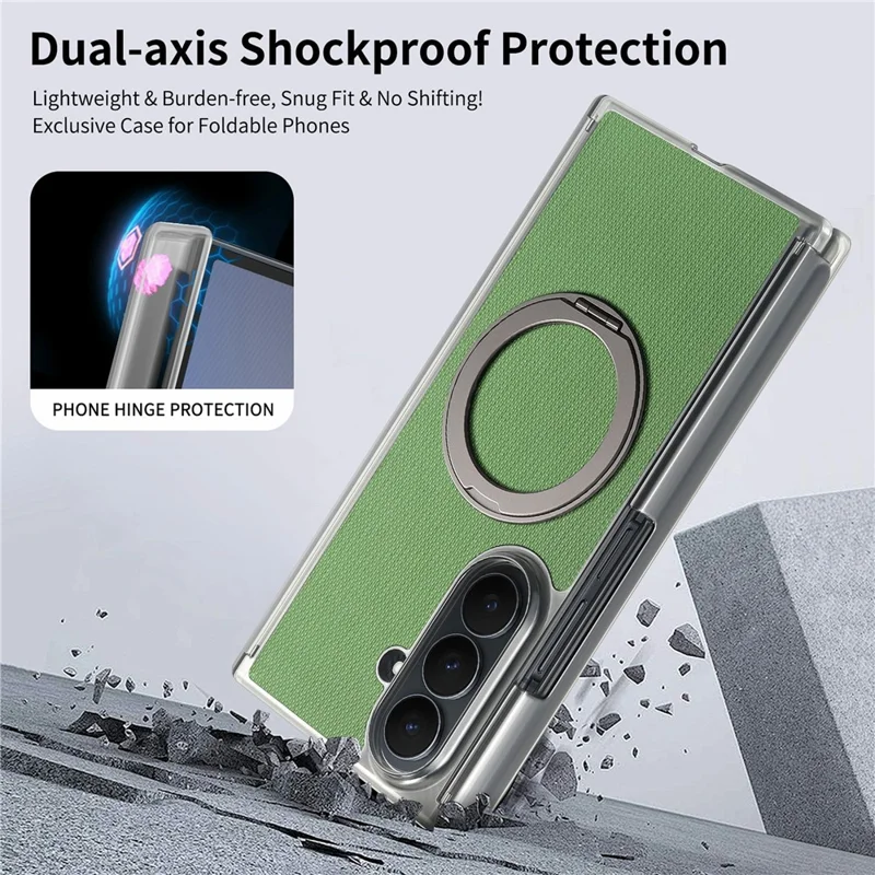 For Samsung Galaxy Z TriFold 5G Magnetic Phone Case Fine Grid Texture Leather Cover with 360 Rotating Ring Holder - Green