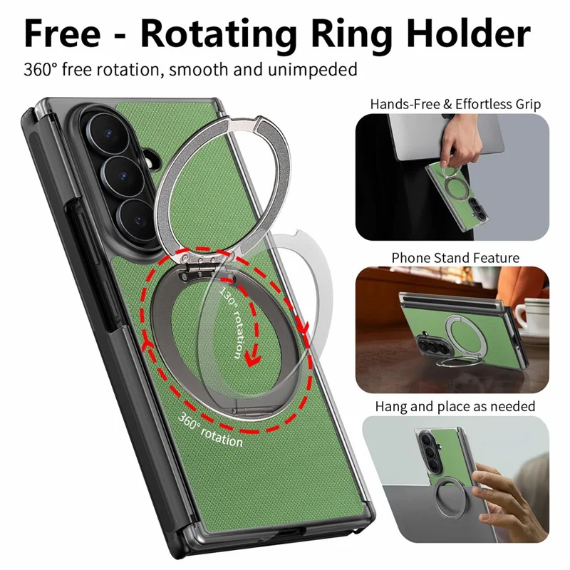 For Samsung Galaxy Z TriFold 5G Magnetic Phone Case Fine Grid Texture Leather Cover with 360 Rotating Ring Holder - Green