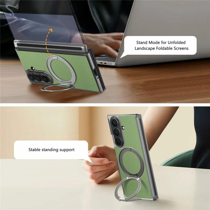 For Samsung Galaxy Z TriFold 5G Magnetic Phone Case Fine Grid Texture Leather Cover with 360 Rotating Ring Holder - Green