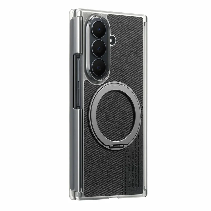 For Samsung Galaxy Z TriFold 5G Magnetic Phone Case Dual Axis Cloth Texture Leather Cover with 360° Rotating Ring Kickstand - Black