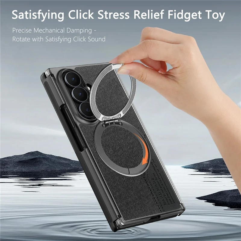 For Samsung Galaxy Z TriFold 5G Magnetic Phone Case Dual Axis Cloth Texture Leather Cover with 360° Rotating Ring Kickstand - Black