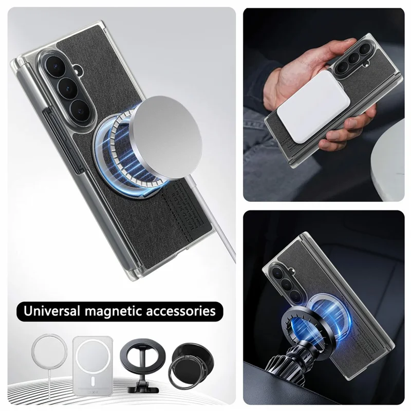 For Samsung Galaxy Z TriFold 5G Magnetic Phone Case Dual Axis Cloth Texture Leather Cover with 360° Rotating Ring Kickstand - Black