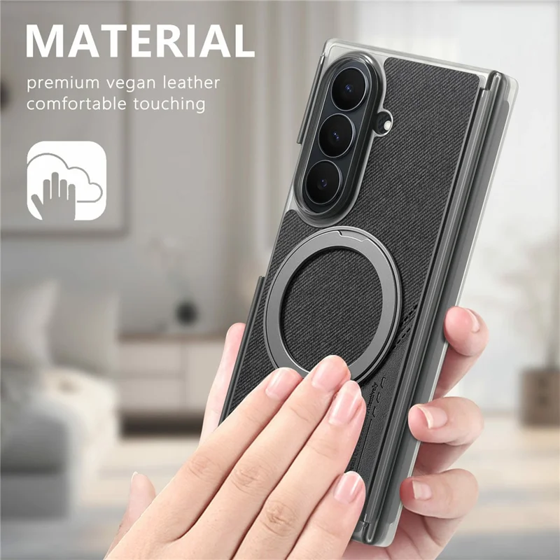 For Samsung Galaxy Z TriFold 5G Magnetic Phone Case Dual Axis Cloth Texture Leather Cover with 360° Rotating Ring Kickstand - Black