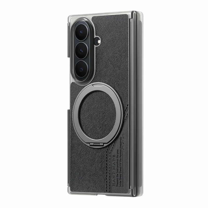 For Samsung Galaxy Z TriFold 5G Magnetic Phone Case Dual Axis Cloth Texture Leather Cover with 360° Rotating Ring Kickstand - Black