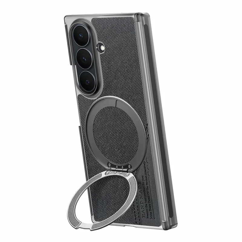 For Samsung Galaxy Z TriFold 5G Magnetic Phone Case Dual Axis Cloth Texture Leather Cover with 360° Rotating Ring Kickstand - Black