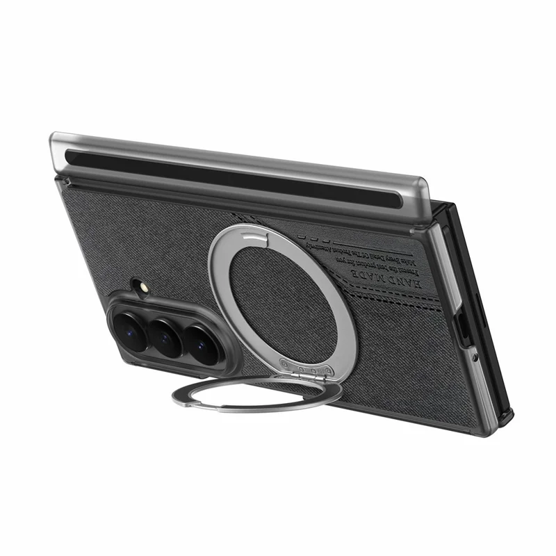 For Samsung Galaxy Z TriFold 5G Magnetic Phone Case Dual Axis Cloth Texture Leather Cover with 360° Rotating Ring Kickstand - Black