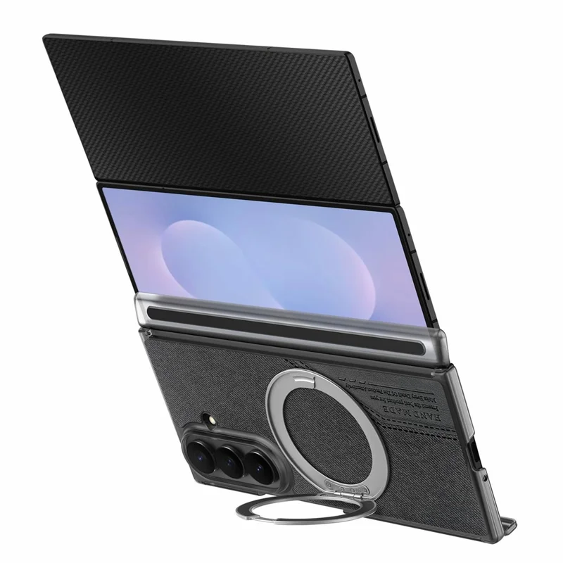 For Samsung Galaxy Z TriFold 5G Magnetic Phone Case Dual Axis Cloth Texture Leather Cover with 360° Rotating Ring Kickstand - Black