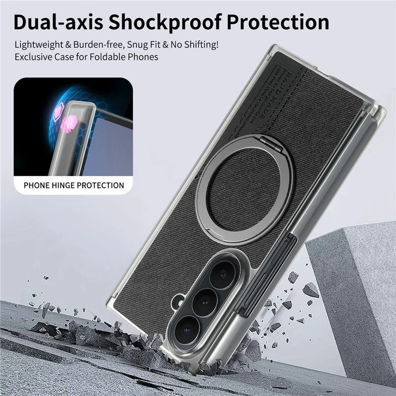 For Samsung Galaxy Z TriFold 5G Magnetic Phone Case Dual Axis Cloth Texture Leather Cover with 360° Rotating Ring Kickstand - Black