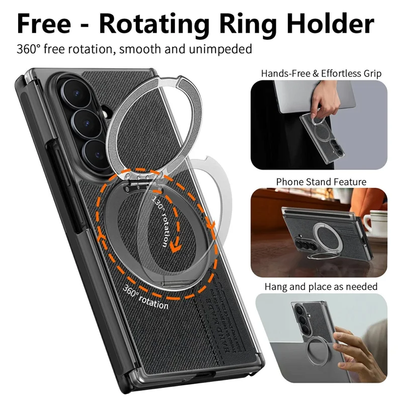 For Samsung Galaxy Z TriFold 5G Magnetic Phone Case Dual Axis Cloth Texture Leather Cover with 360° Rotating Ring Kickstand - Black