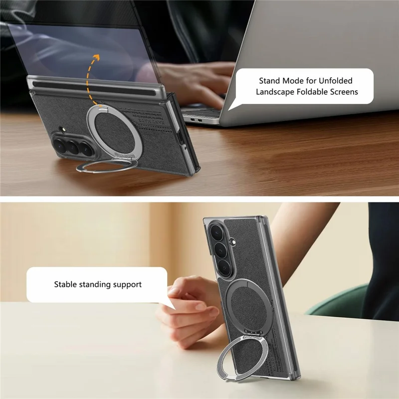 For Samsung Galaxy Z TriFold 5G Magnetic Phone Case Dual Axis Cloth Texture Leather Cover with 360° Rotating Ring Kickstand - Black