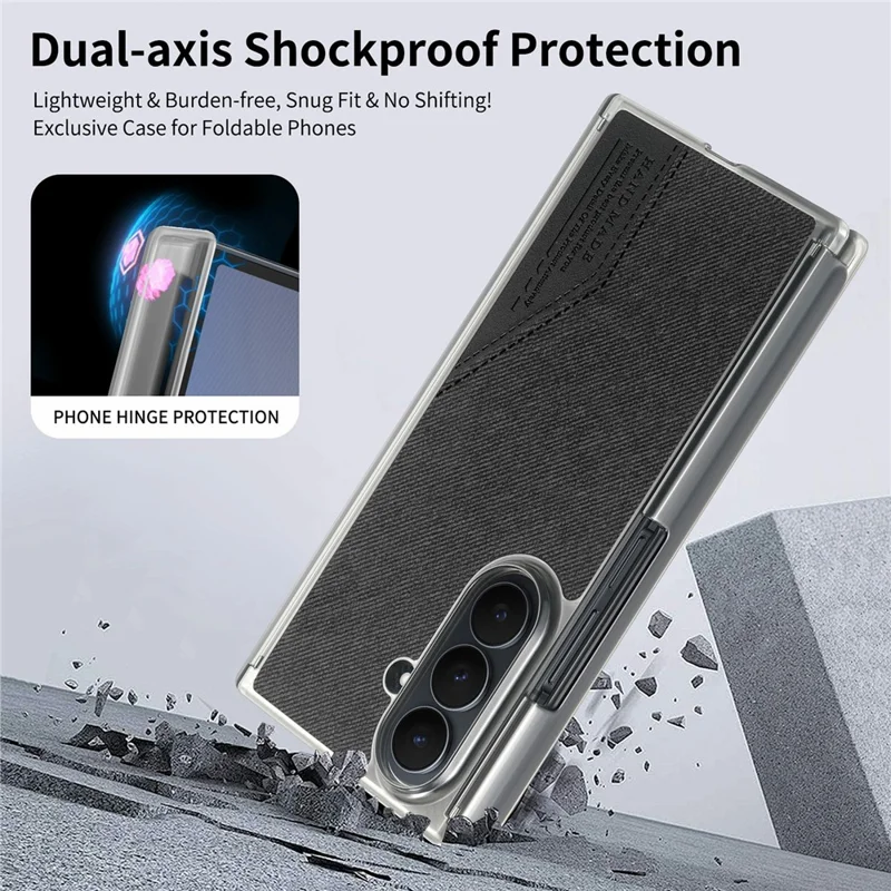 For Samsung Galaxy Z TriFold 5G Magnetic Phone Case Splicing Cloth Texture Leather Cover Dual Mid-axis Protection - Black